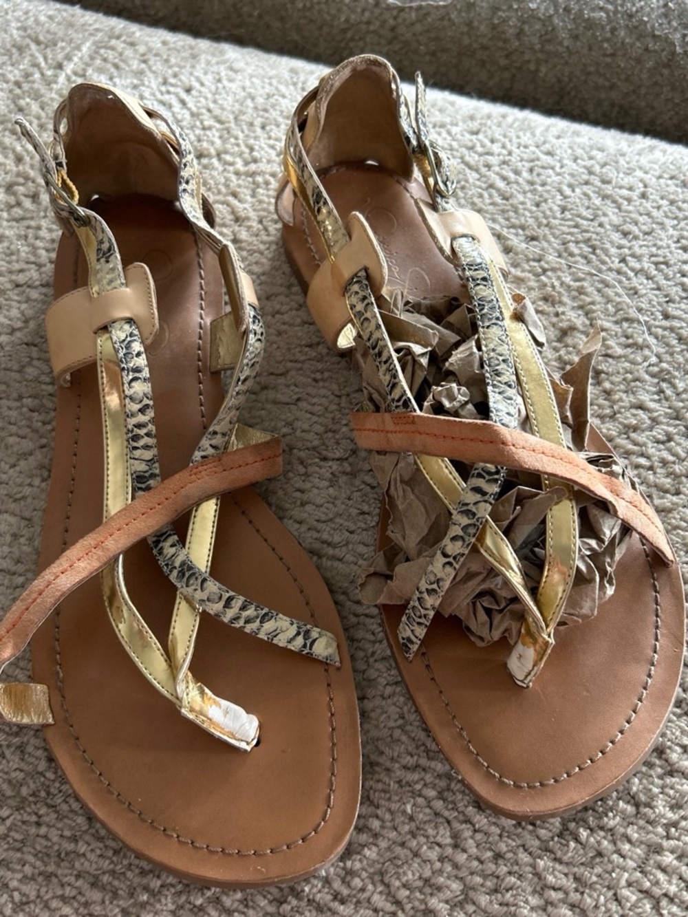Jessica Simpson Tan, Gold and Snake-Print Strappy Sandals